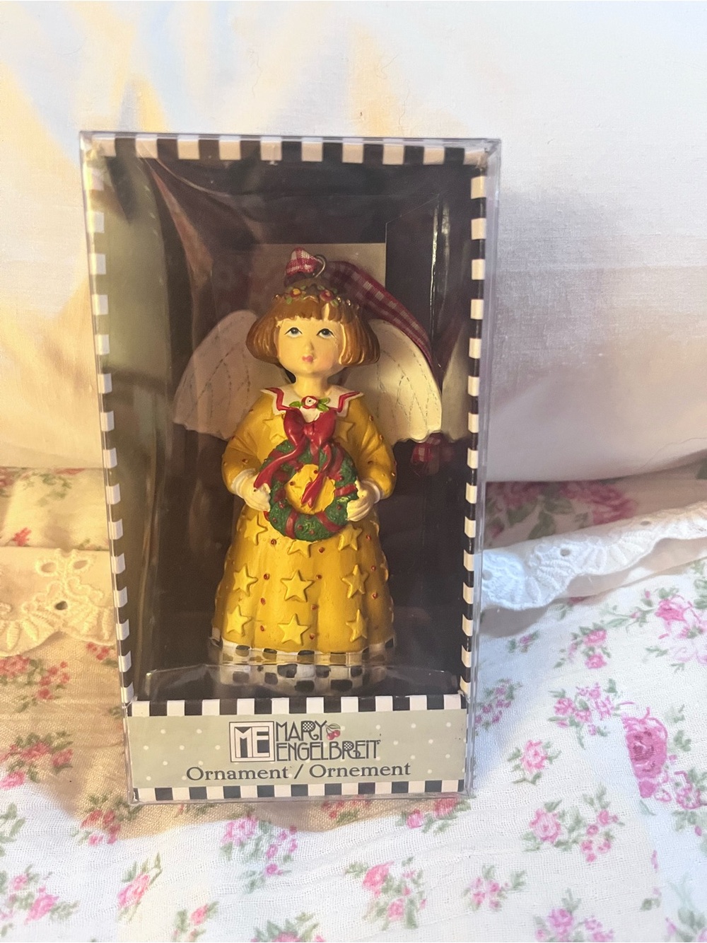 Vintage Mary Engelbreit Yellow Angel Ornament Holding Wreath